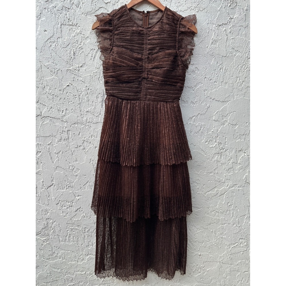 Self-Portrait Brown Lace‎ Tiered Midi Dress Ruched Ruffle Sleeveless US 4 - Picture 2 of 10